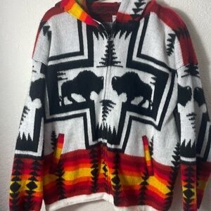 Camptex Hooded Aztec Design Full-zip Wool Sweater Jacket Sz M